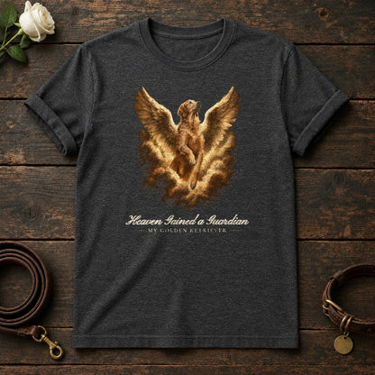 Heaven Gained a Guardian – Winged Golden Retriever Memorial Tee in Dark Heather