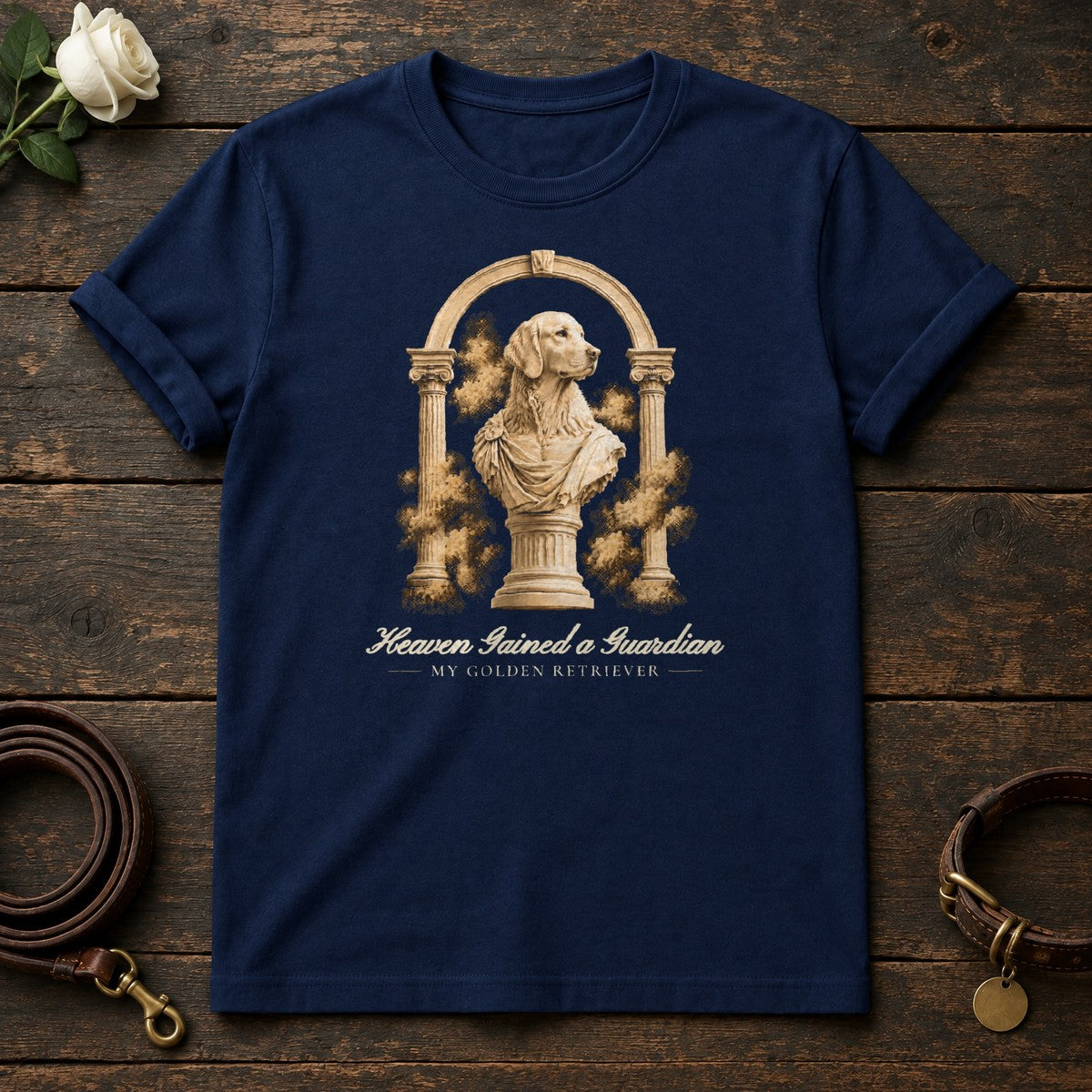 Heaven Gained a Guardian – Roman Arch Golden Retriever Memorial Tee in Navy
