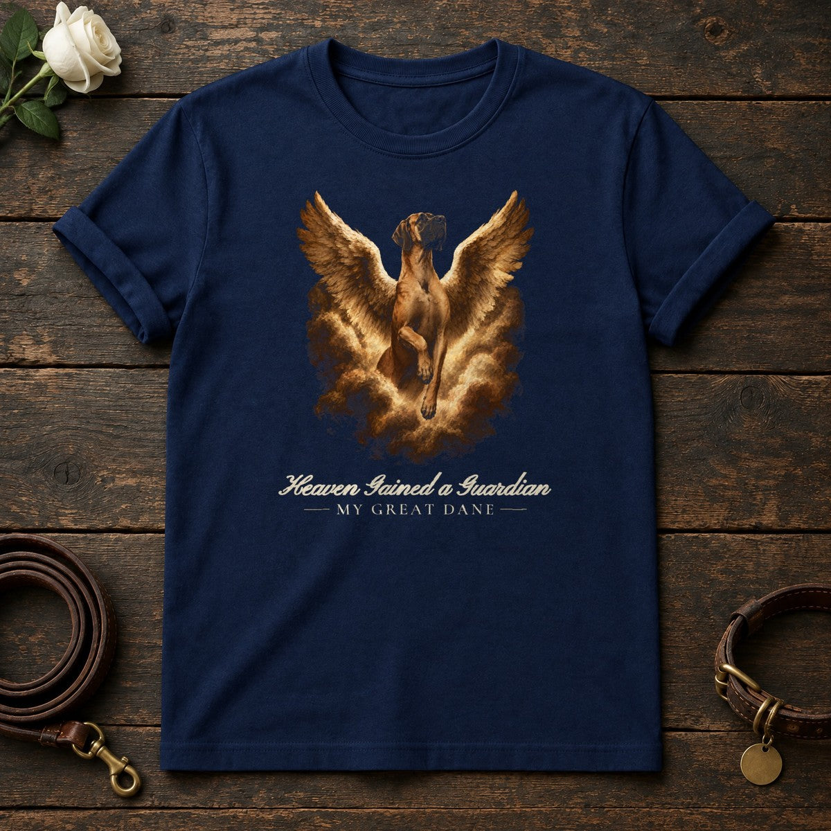 Heaven Gained a Guardian – Winged Great Dane Memorial Tee in Navy