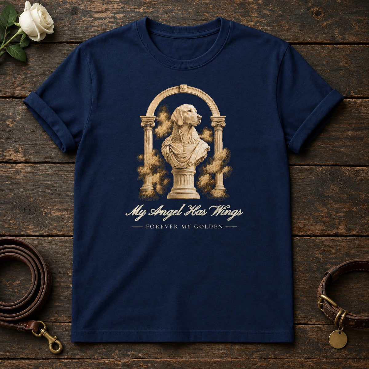 My Angel Has Wings – Roman Arch Golden Retriever Memorial Tee in Navy