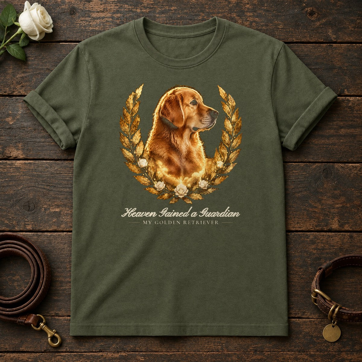 Heaven Gained a Guardian – Laurel Golden Retriever Memorial Tee in Military Green