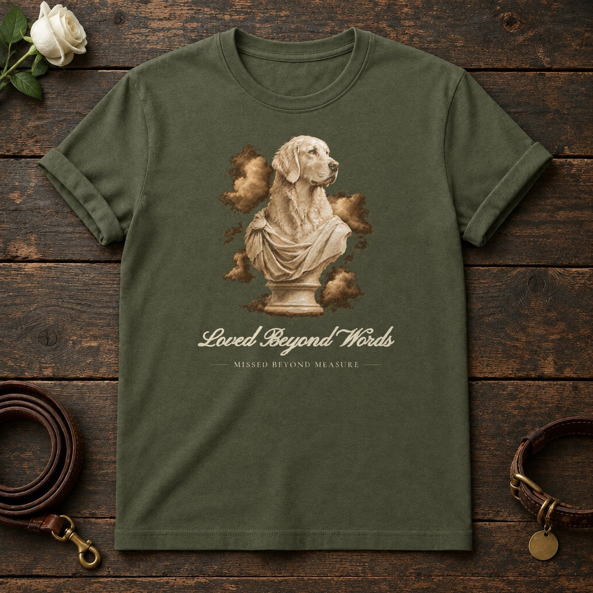Loved Beyond Words – Marble Golden Retriever Memorial Tee in Military Green