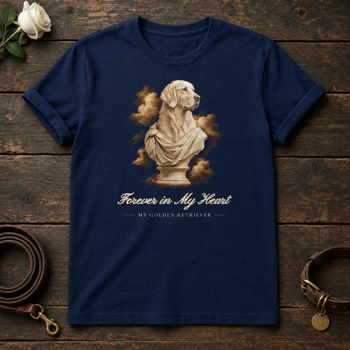 Forever in My Heart – Marble Golden Retriever Memorial Tee in Navy