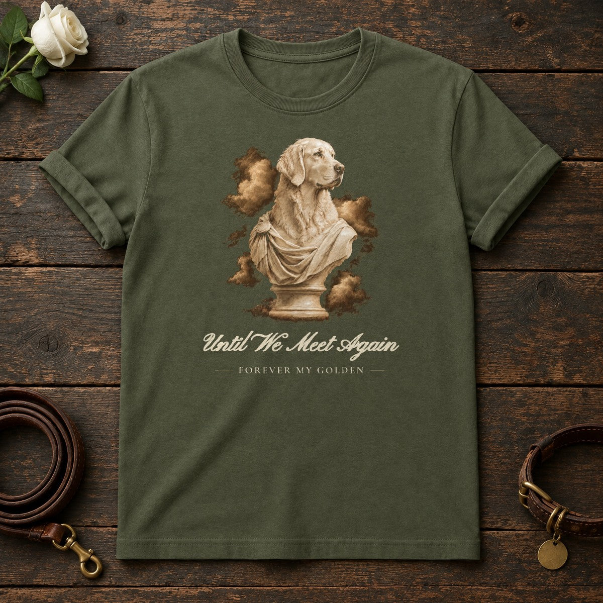 Until We Meet Again – Marble Golden Retriever Memorial Tee in Military Green