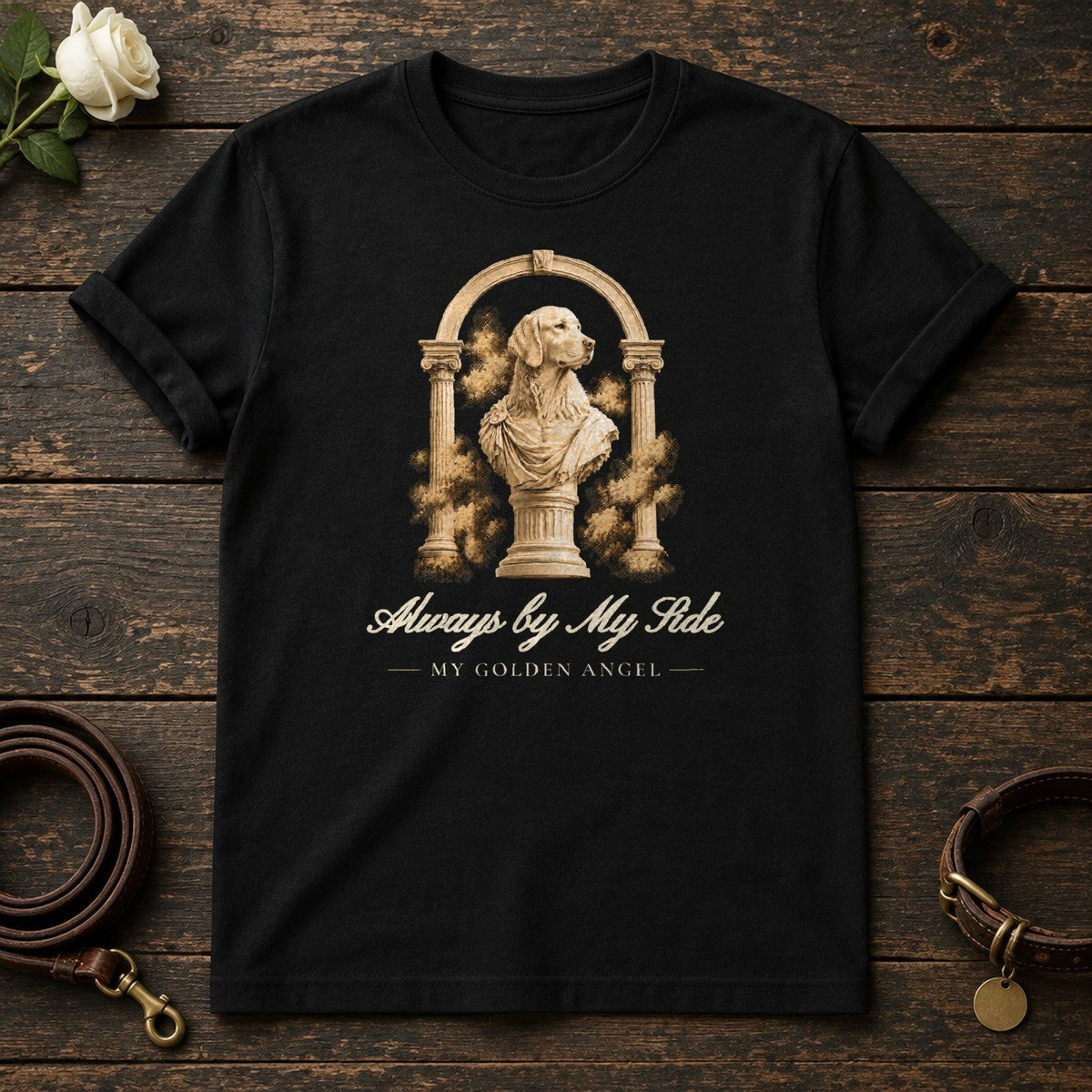 Always by My Side – Roman Arch Golden Retriever Memorial Tee in Black