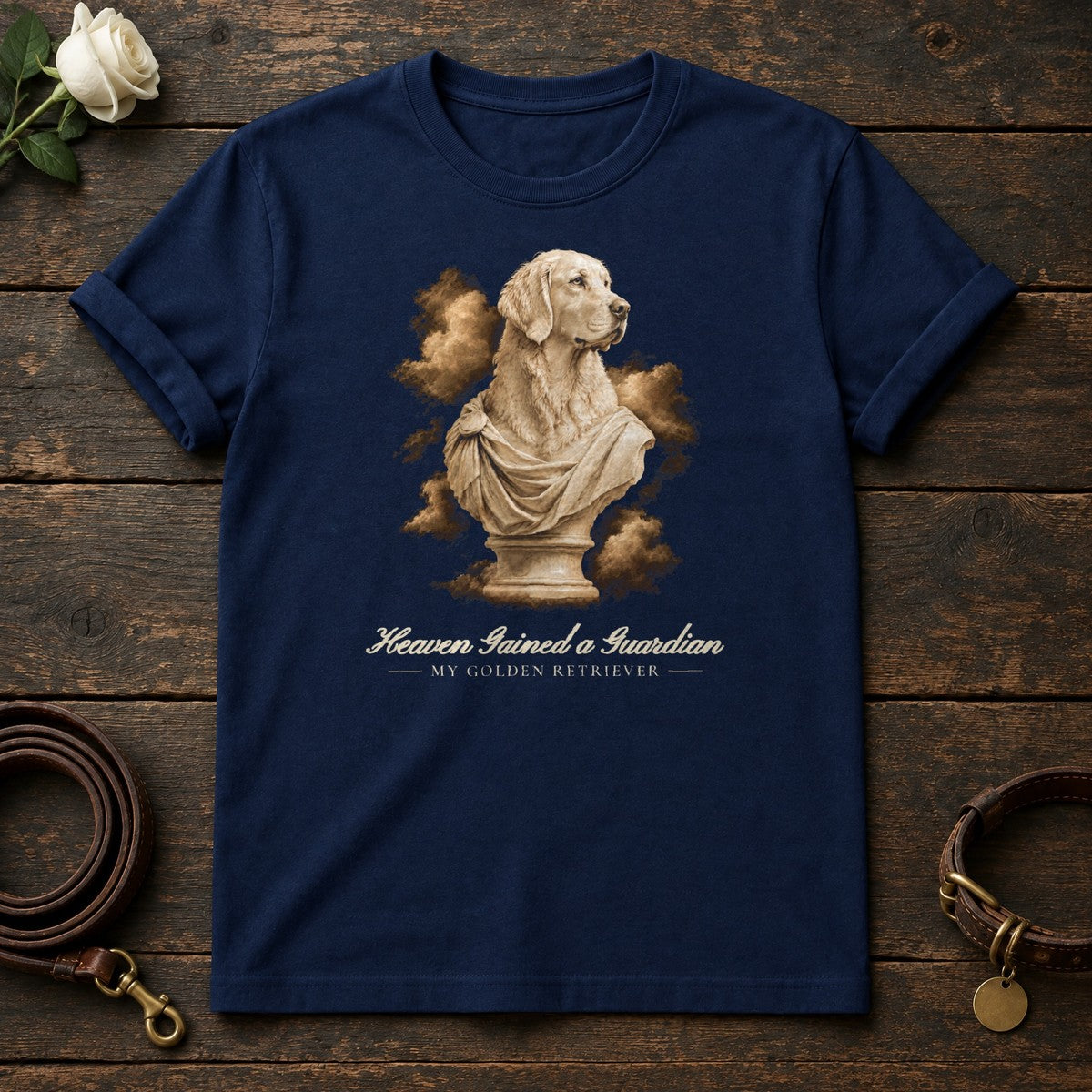 Heaven Gained a Guardian – Marble Golden Retriever Memorial Tee in Navy