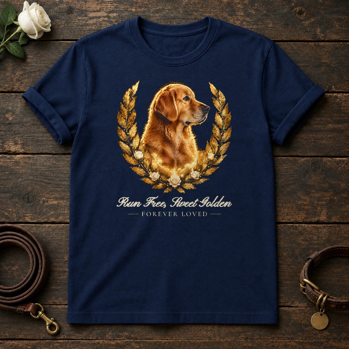 Run Free, Sweet Golden – Laurel Golden Retriever Memorial Tee in Navy