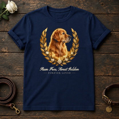 Run Free, Sweet Golden – Laurel Golden Retriever Memorial Tee in Navy