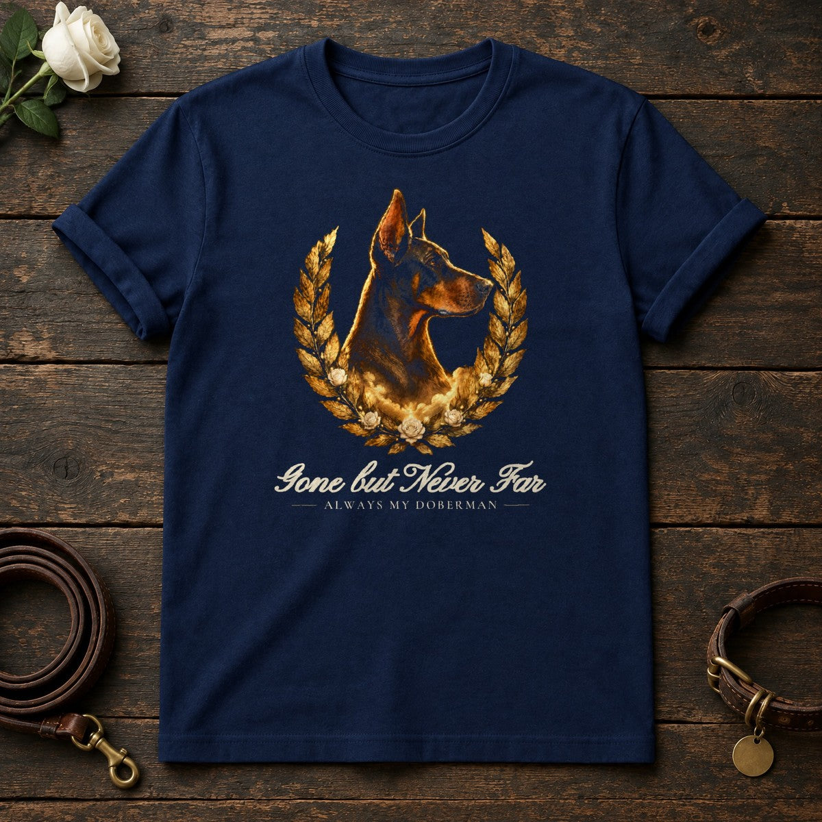 Gone but Never Far – Laurel Doberman Memorial Tee in Navy