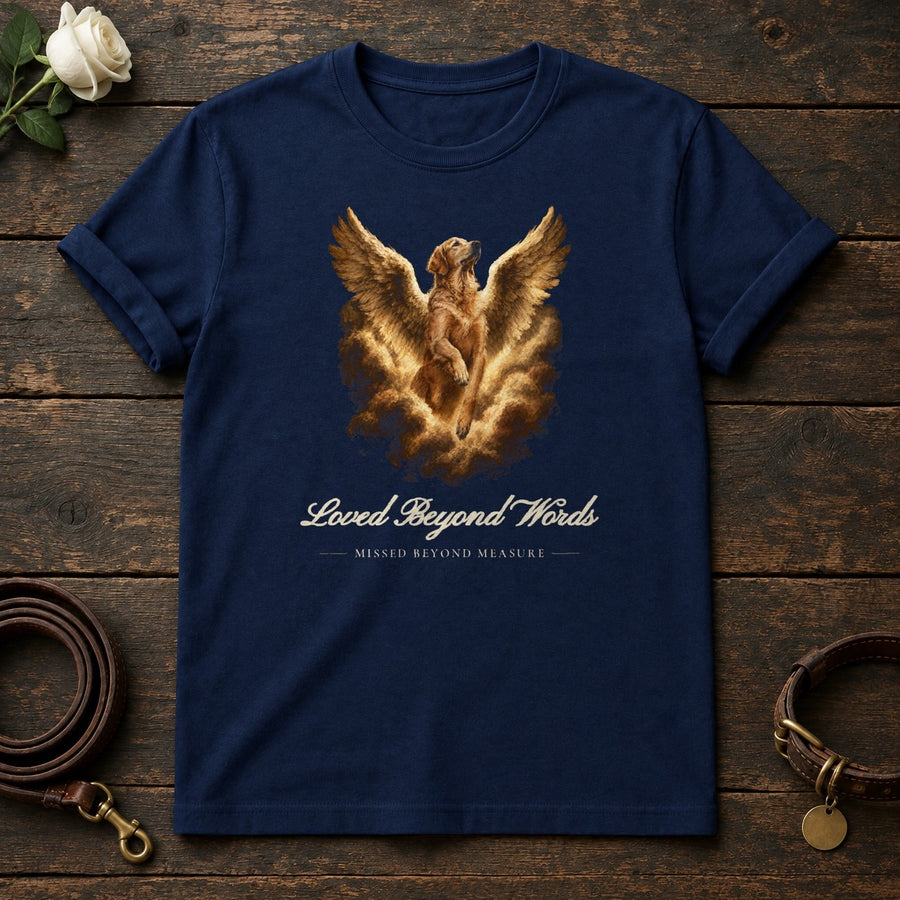 Loved Beyond Words – Winged Golden Retriever Memorial Tee in Navy