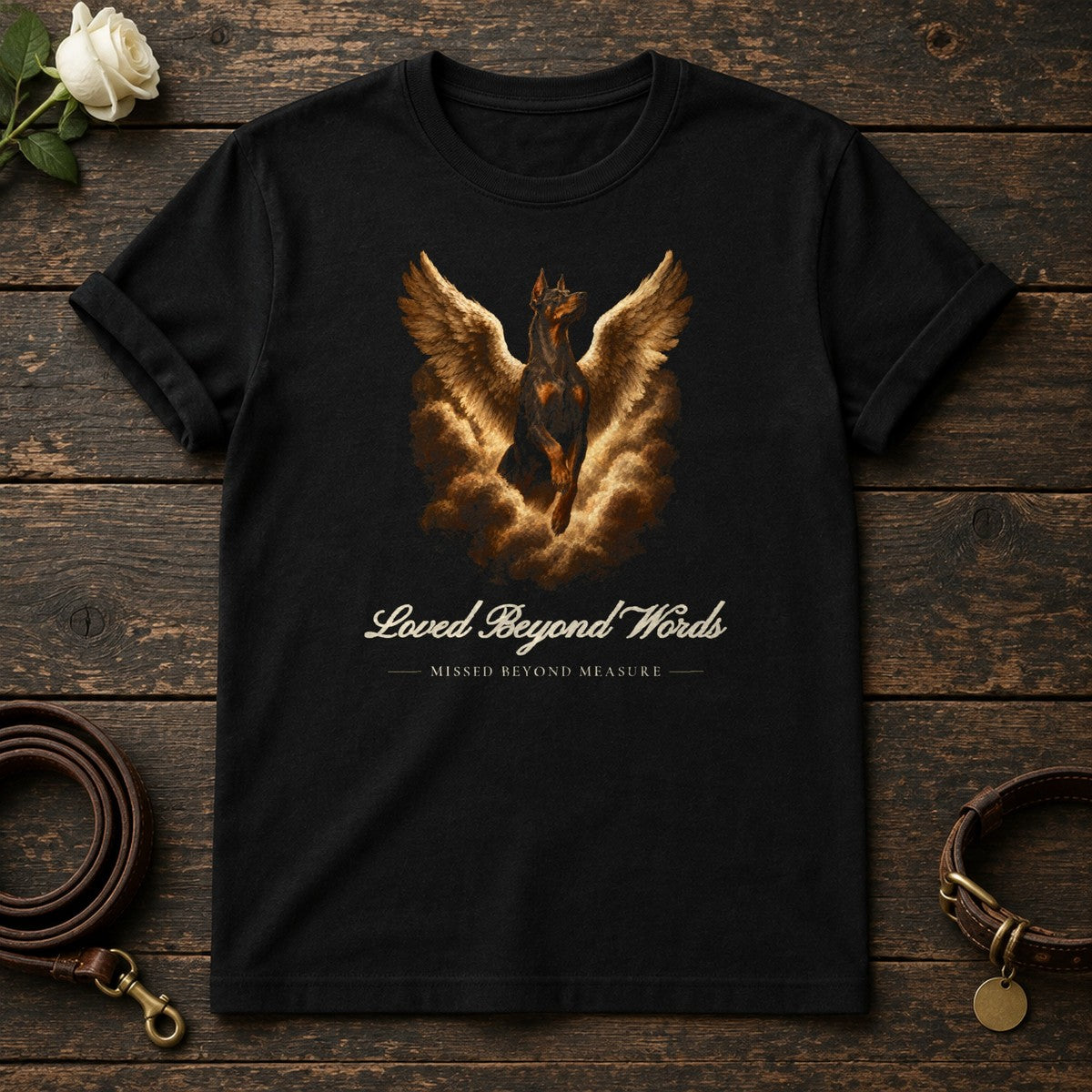 Loved Beyond Words – Winged Doberman Memorial Tee in Black