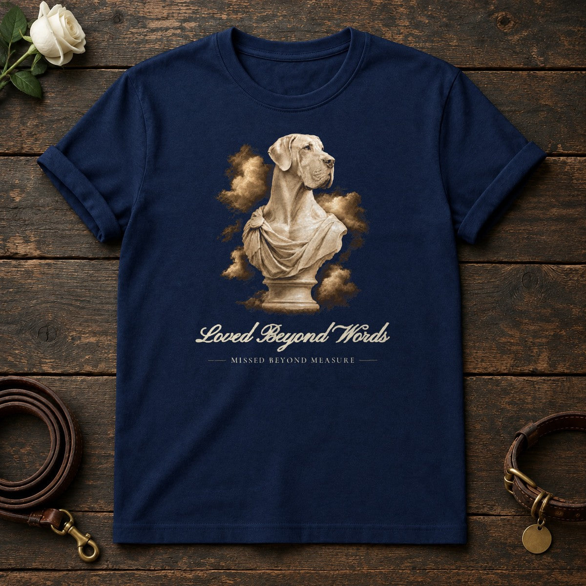 Loved Beyond Words – Marble Great Dane Memorial Tee in Navy