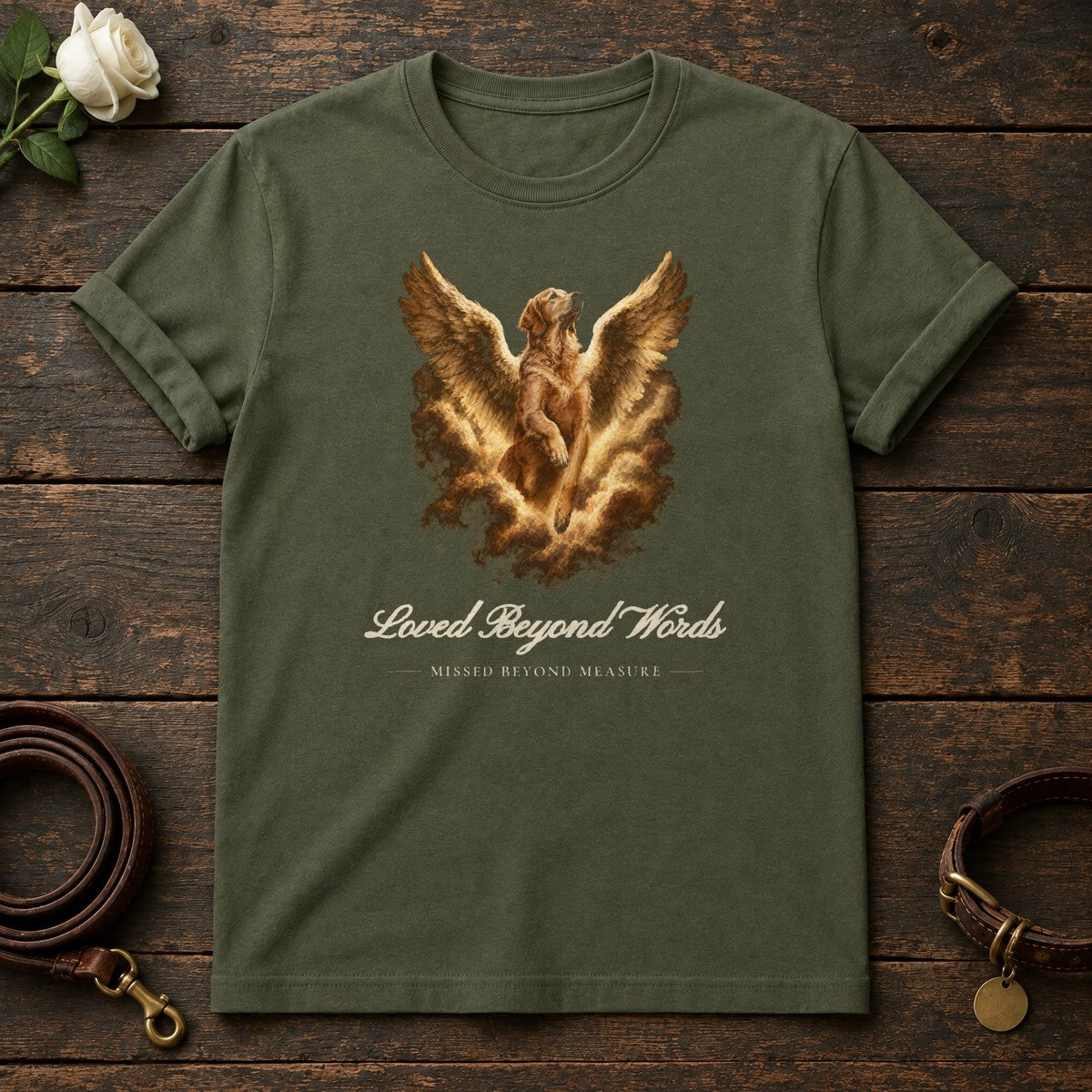 Loved Beyond Words – Winged Golden Retriever Memorial Tee in Military Green