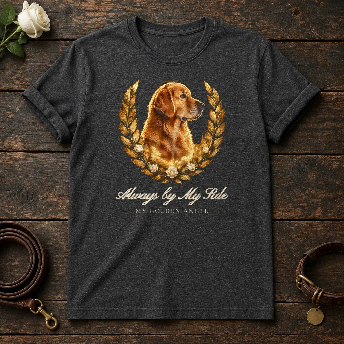 Always by My Side – Laurel Golden Retriever Memorial Tee in Dark Heather