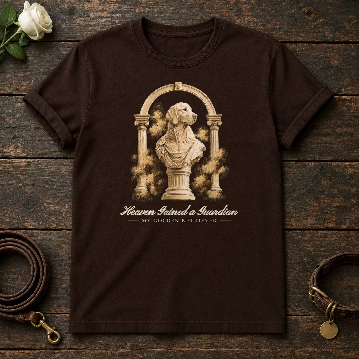 Heaven Gained a Guardian – Roman Arch Golden Retriever Memorial Tee in Dark Chocolate