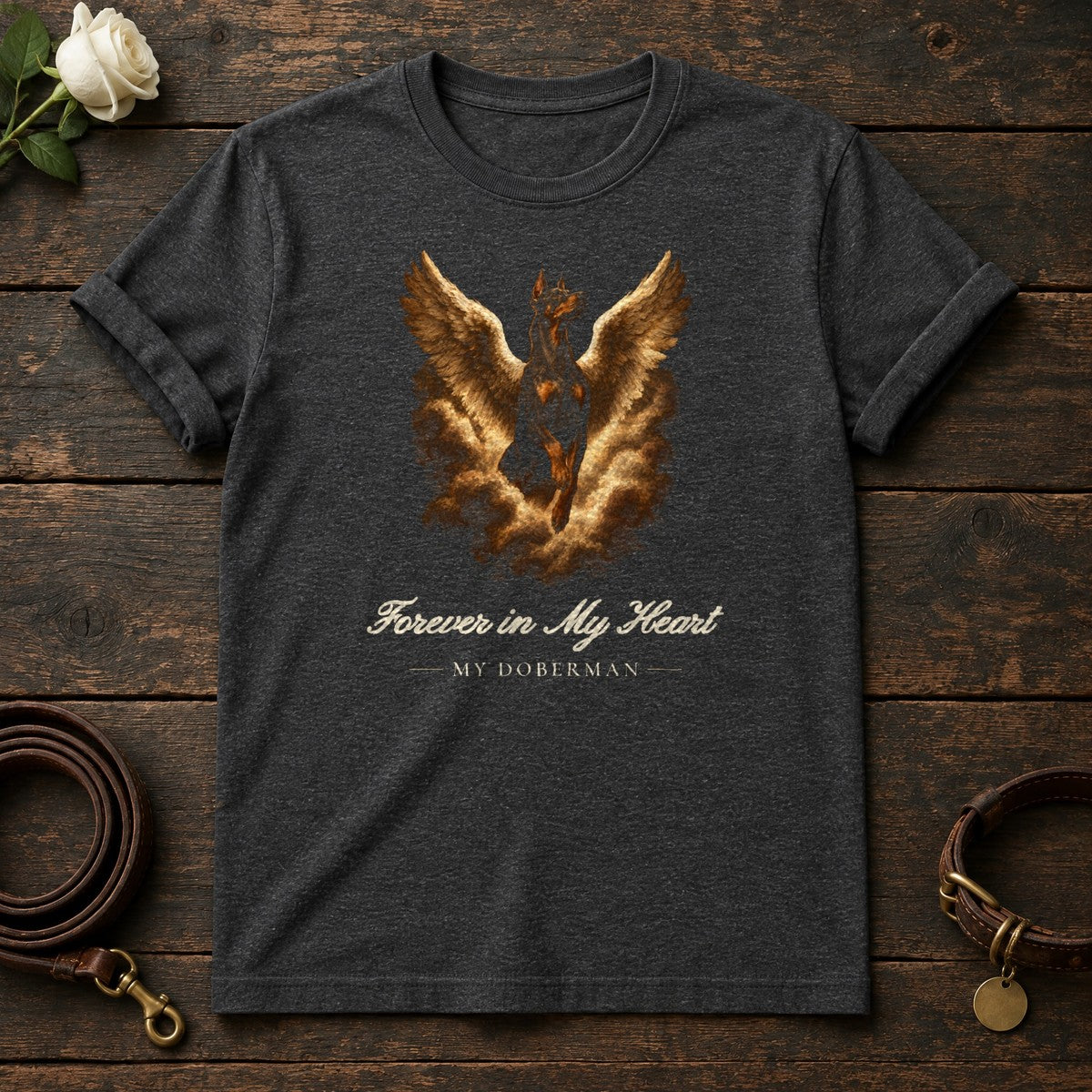 Forever in My Heart – Winged Doberman Memorial Tee in Dark Heather