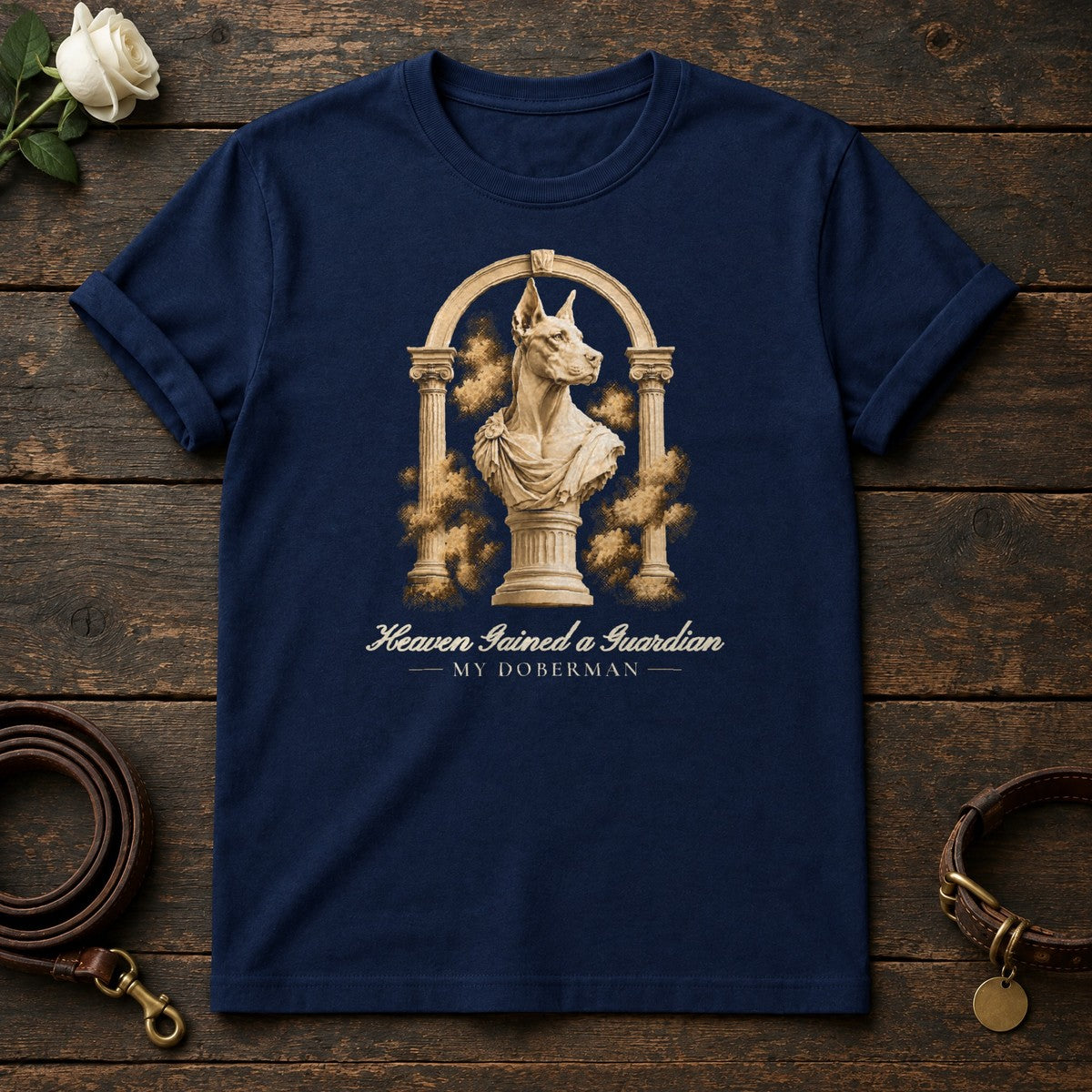 Heaven Gained a Guardian – Roman Arch Doberman Memorial Tee in Navy