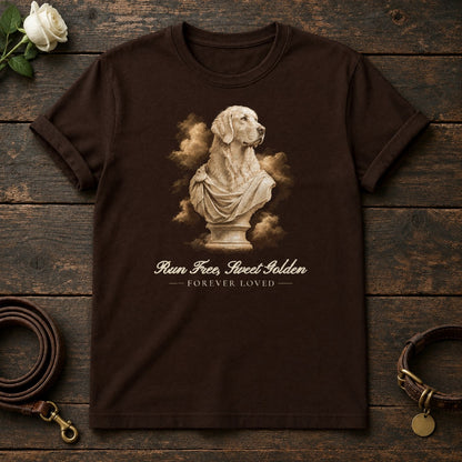 Run Free, Sweet Golden – Marble Golden Retriever Memorial Tee in Dark Chocolate