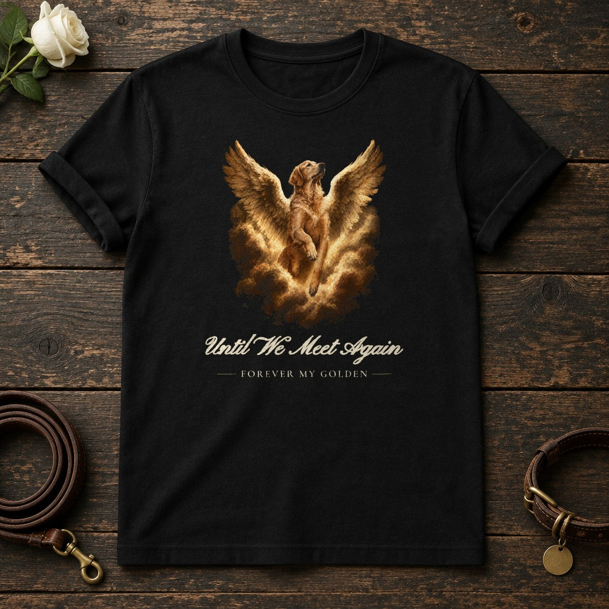 Until We Meet Again – Winged Golden Retriever Memorial Tee in Black