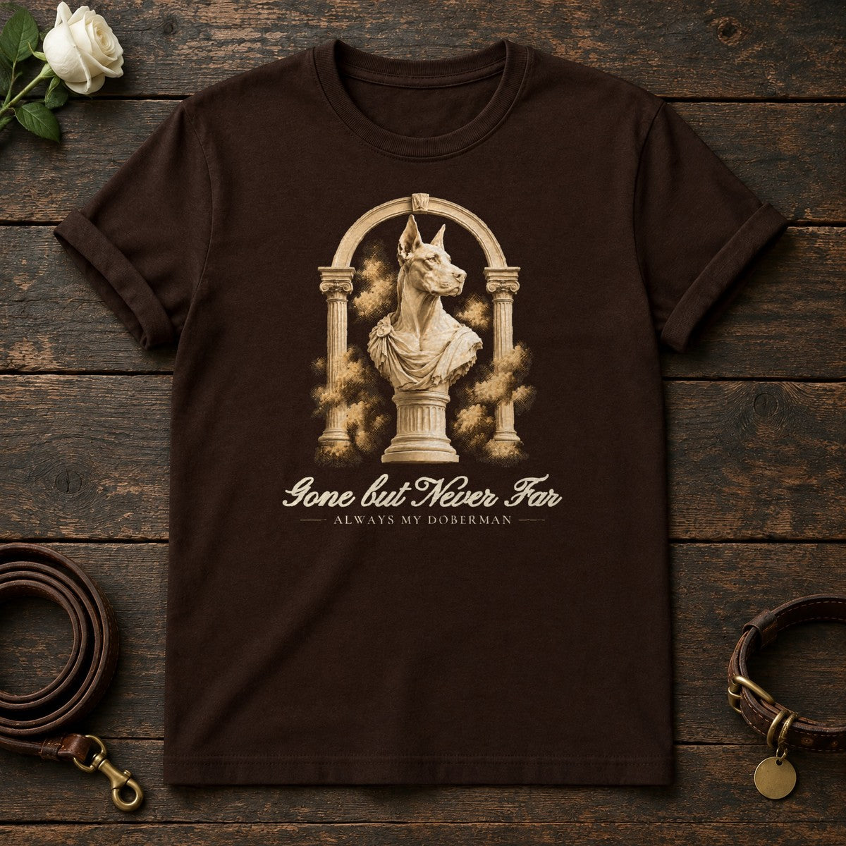 Gone but Never Far – Roman Arch Doberman Memorial Tee in Dark Chocolate