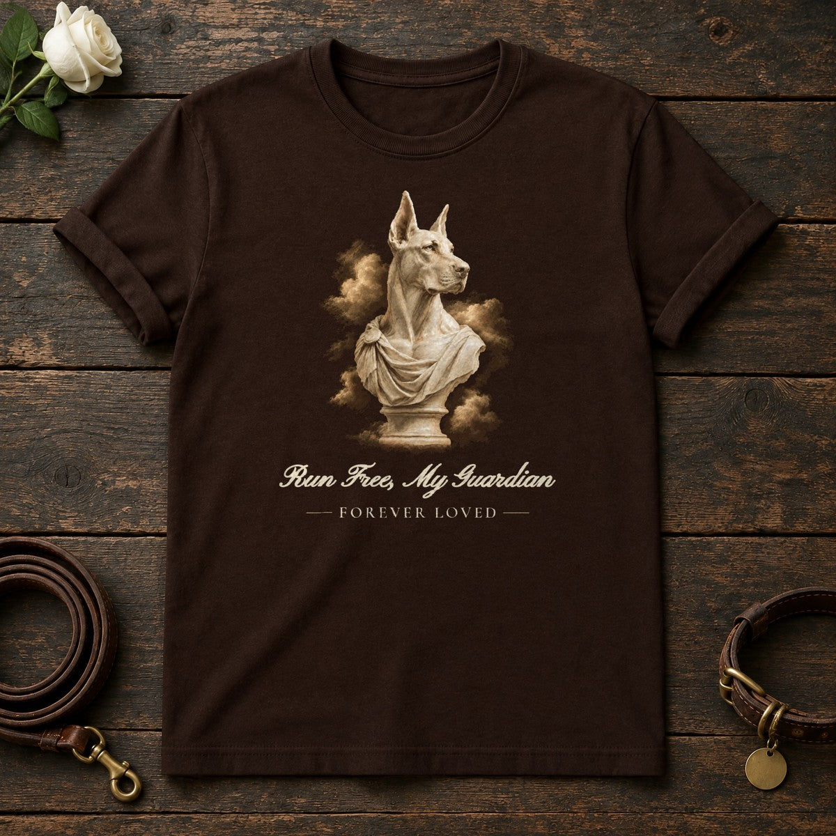 Run Free, My Guardian – Marble Doberman Memorial Tee in Dark Chocolate