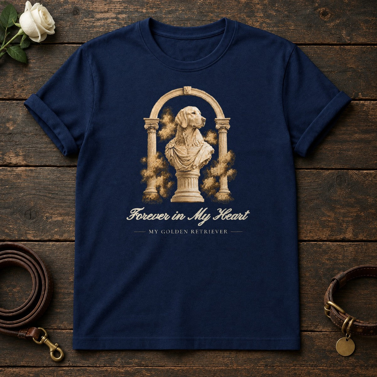 Forever in My Heart – Roman Arch Golden Retriever Memorial Tee in Navy