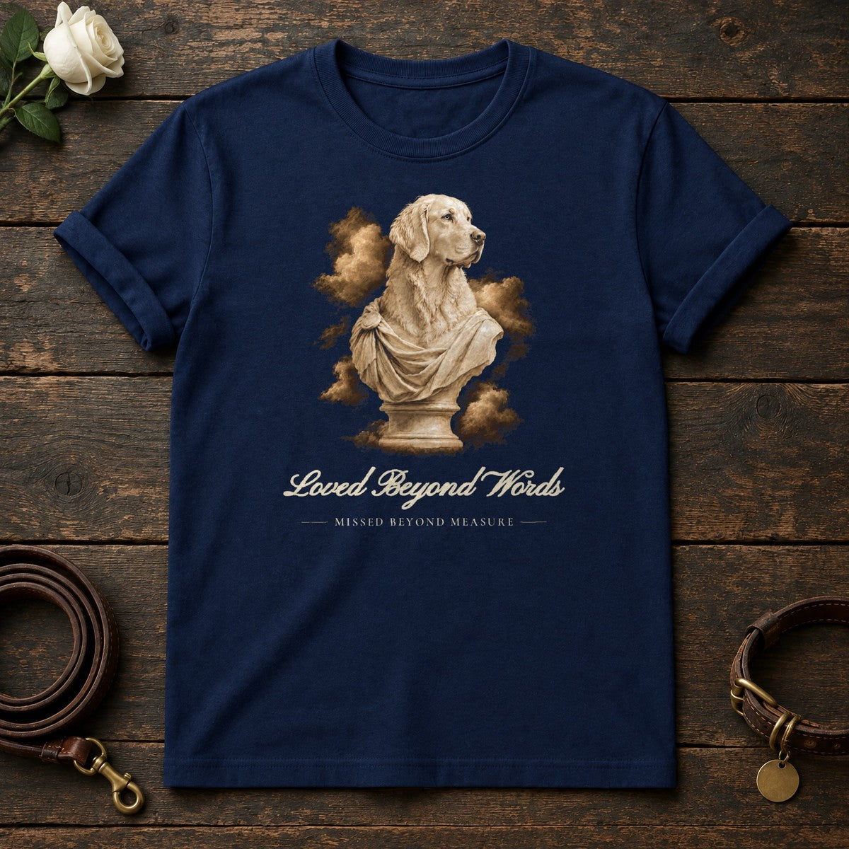 Loved Beyond Words – Marble Golden Retriever Memorial Tee in Navy