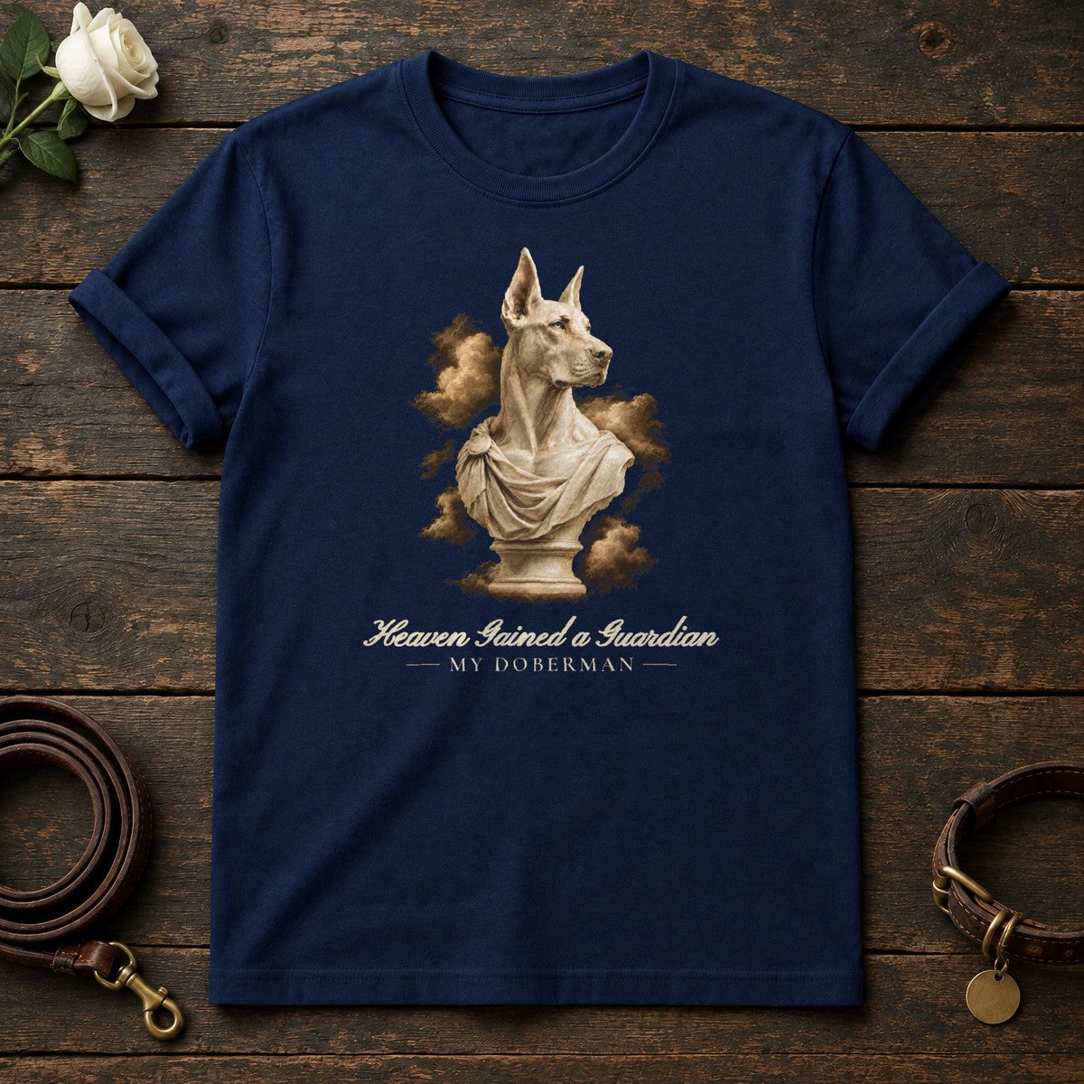 Heaven Gained a Guardian – Marble Doberman Memorial Tee in Navy