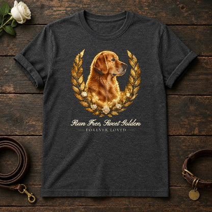 Run Free, Sweet Golden – Laurel Golden Retriever Memorial Tee in Dark Heather