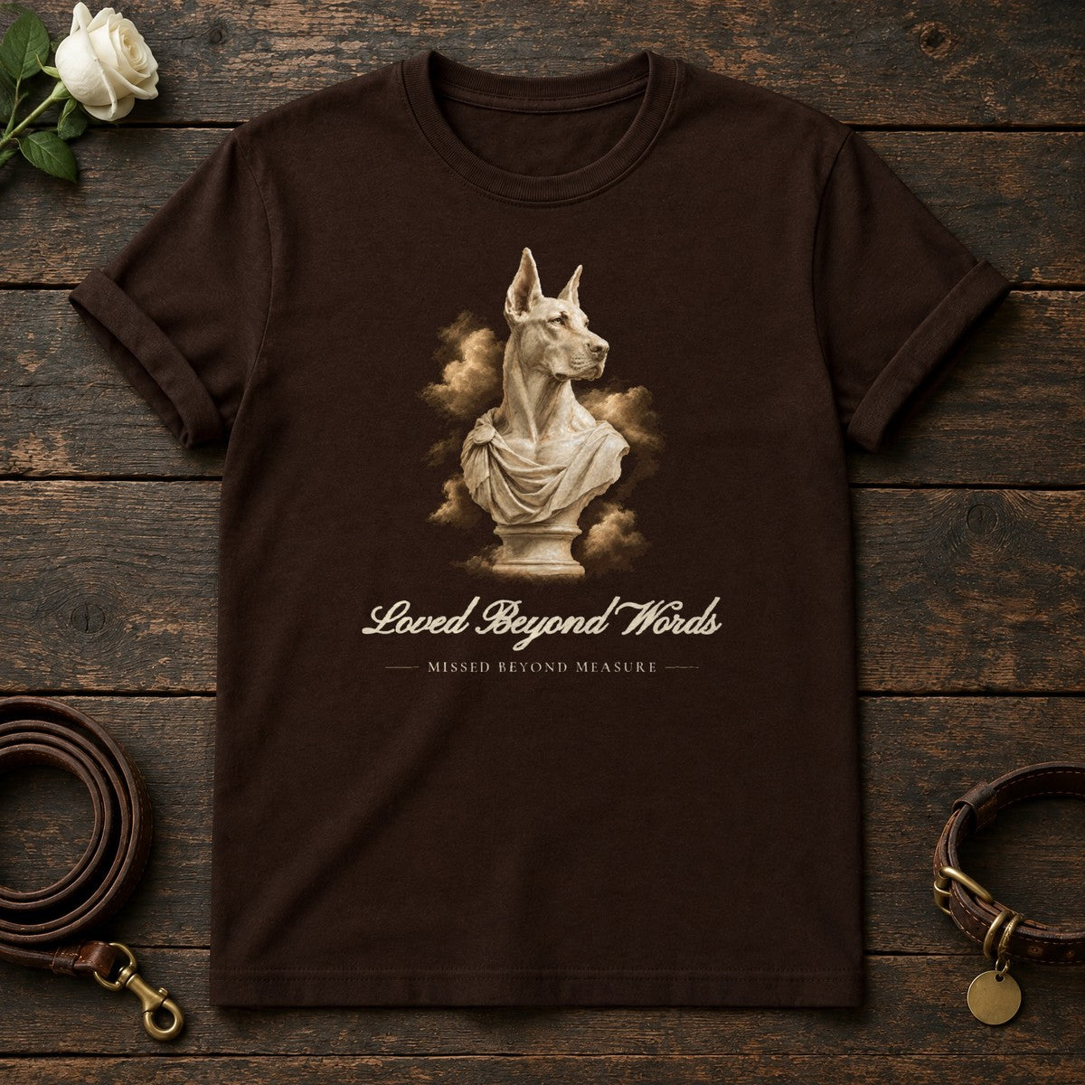 Loved Beyond Words – Marble Doberman Memorial Tee in Dark Chocolate