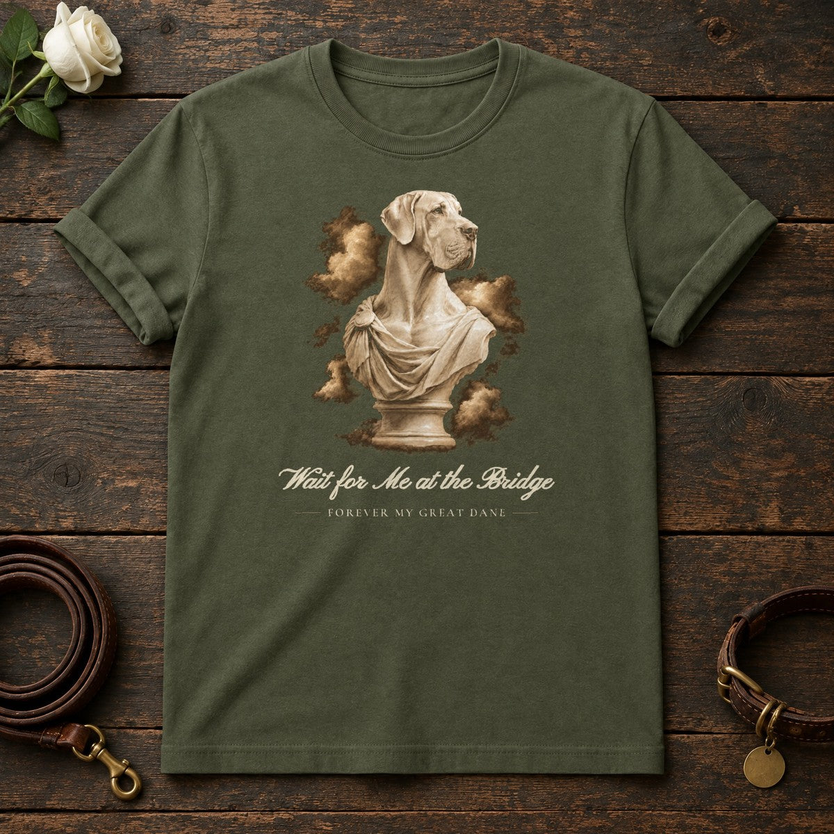 Wait for Me at the Bridge – Marble Great Dane Memorial Tee in Military Green