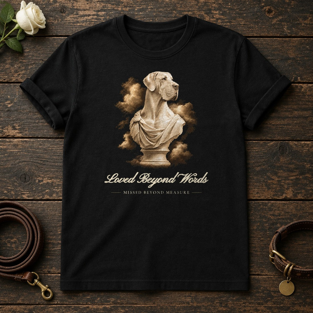 Loved Beyond Words – Marble Great Dane Memorial Tee in Black