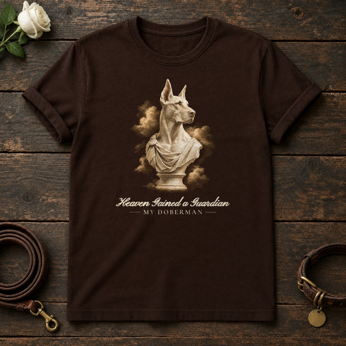 Heaven Gained a Guardian – Marble Doberman Memorial Tee in Dark Chocolate