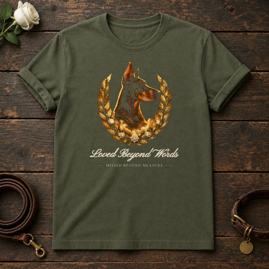 Loved Beyond Words – Laurel Doberman Memorial Tee in Military Green