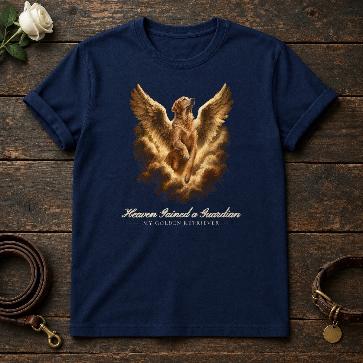 Heaven Gained a Guardian – Winged Golden Retriever Memorial Tee in Navy