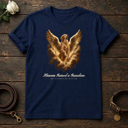 Heaven Gained a Guardian – Winged Golden Retriever Memorial Tee in Navy