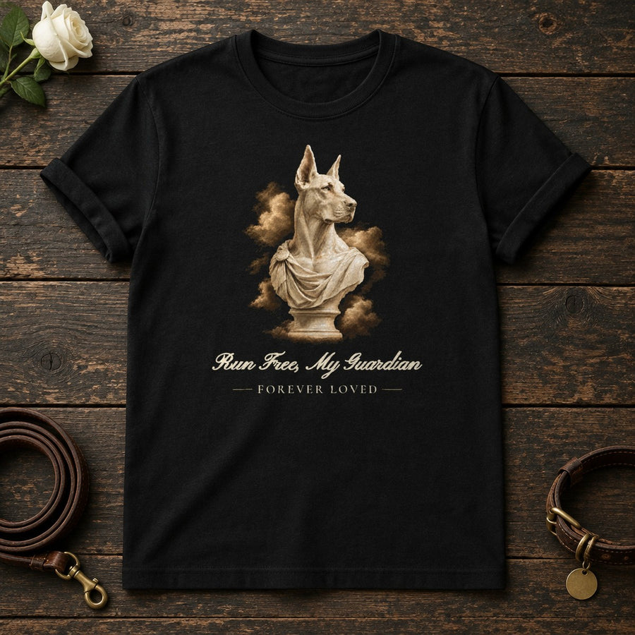 Run Free, My Guardian – Marble Doberman Memorial Tee in Black