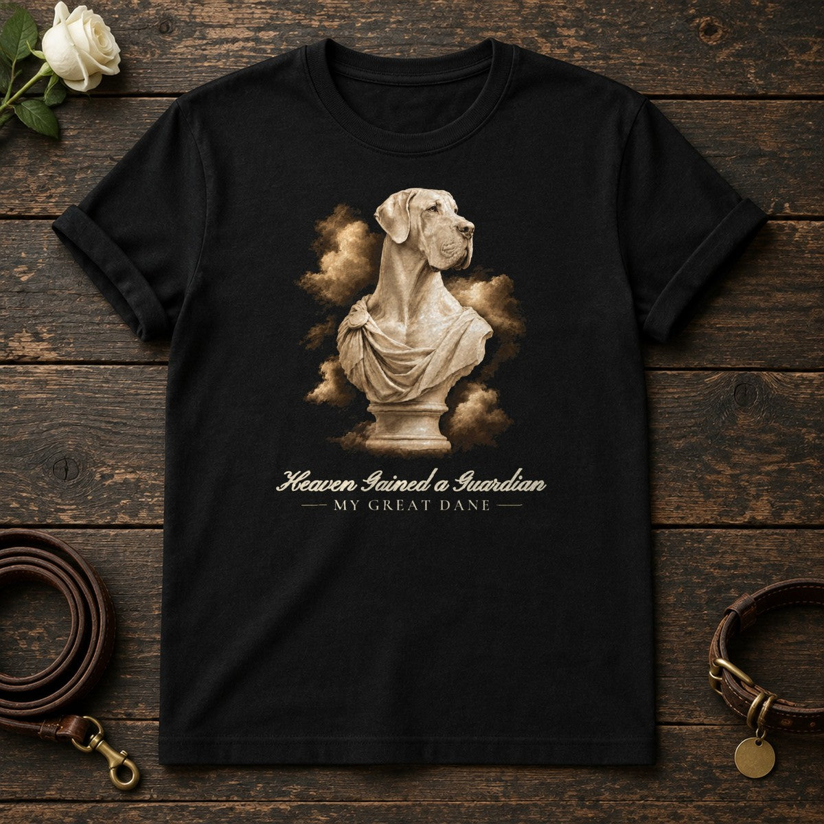 Heaven Gained a Guardian – Marble Great Dane Memorial Tee in Black