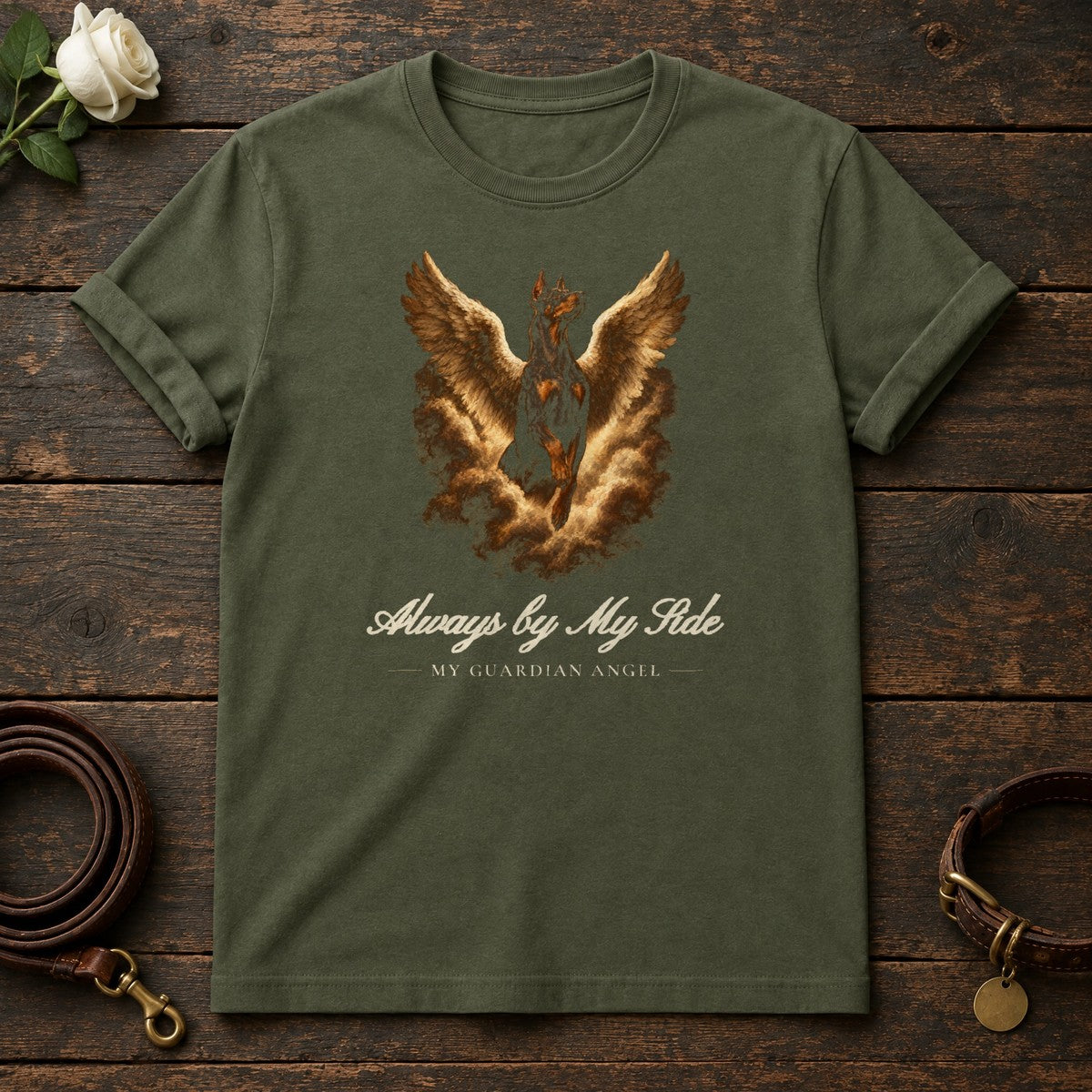 Always by My Side – Winged Doberman Memorial Tee in Military Green
