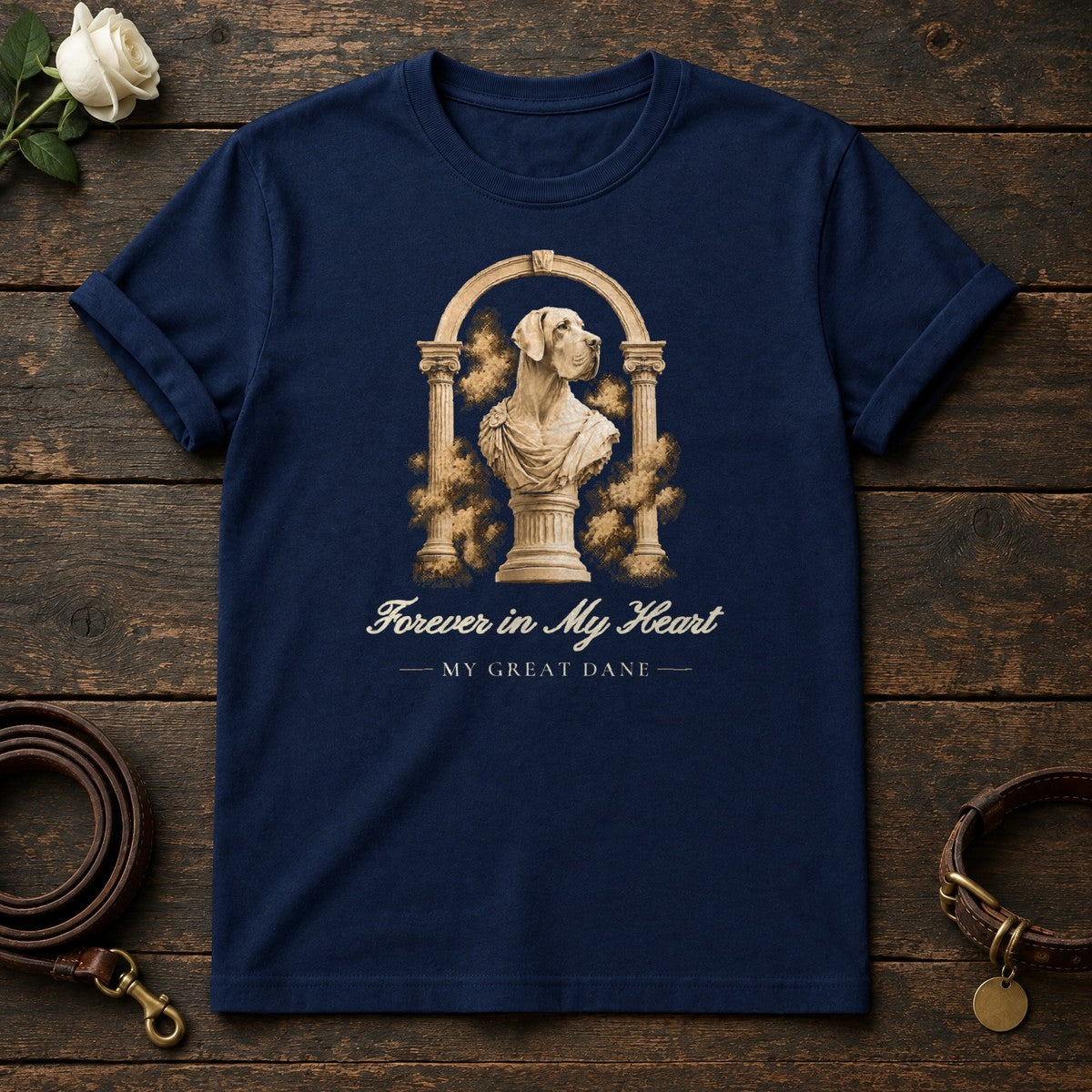 Forever in My Heart – Roman Arch Great Dane Memorial Tee in Navy