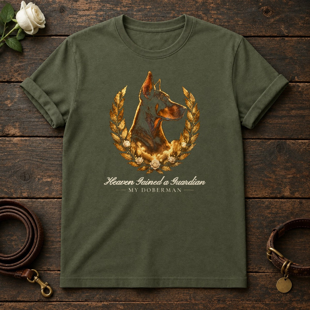 Heaven Gained a Guardian – Laurel Doberman Memorial Tee in Military Green