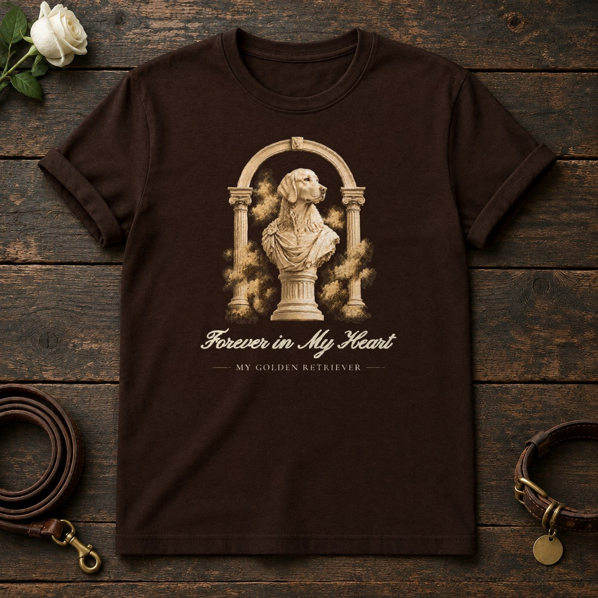 Forever in My Heart – Roman Arch Golden Retriever Memorial Tee in Dark Chocolate