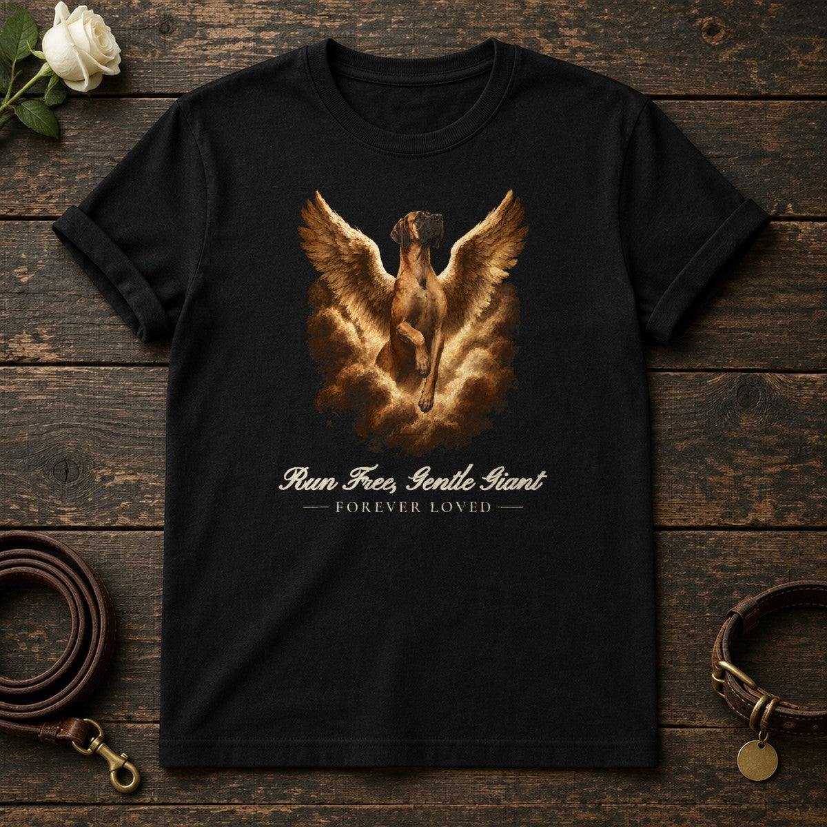 Run Free, Gentle Giant – Winged Great Dane Memorial Tee in Black