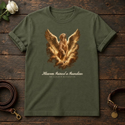 Heaven Gained a Guardian – Winged Golden Retriever Memorial Tee in Military Green