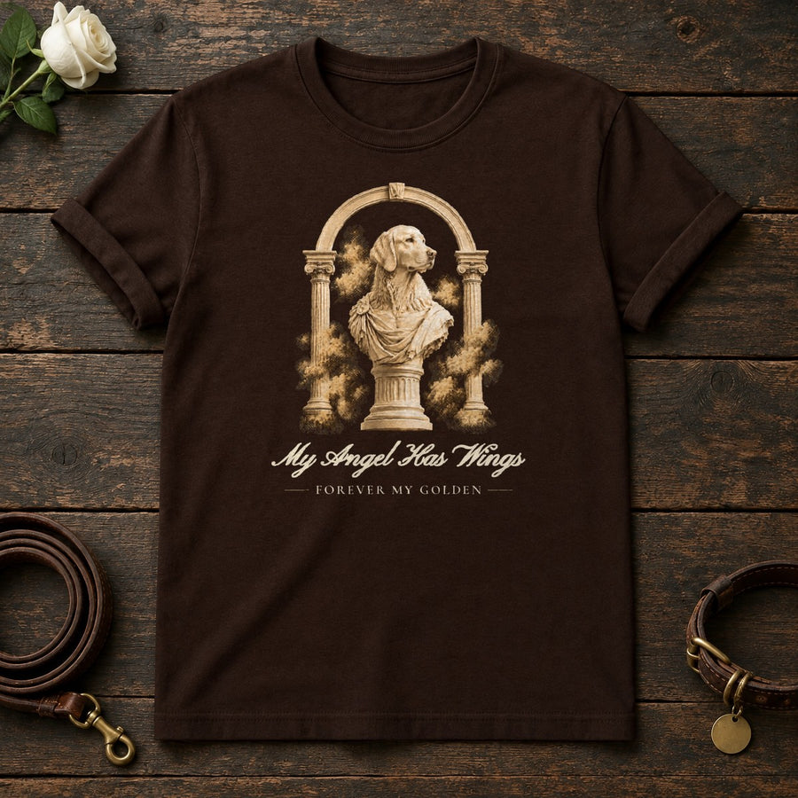 My Angel Has Wings – Roman Arch Golden Retriever Memorial Tee in Dark Chocolate