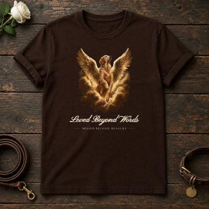 Loved Beyond Words – Winged Golden Retriever Memorial Tee in Dark Chocolate