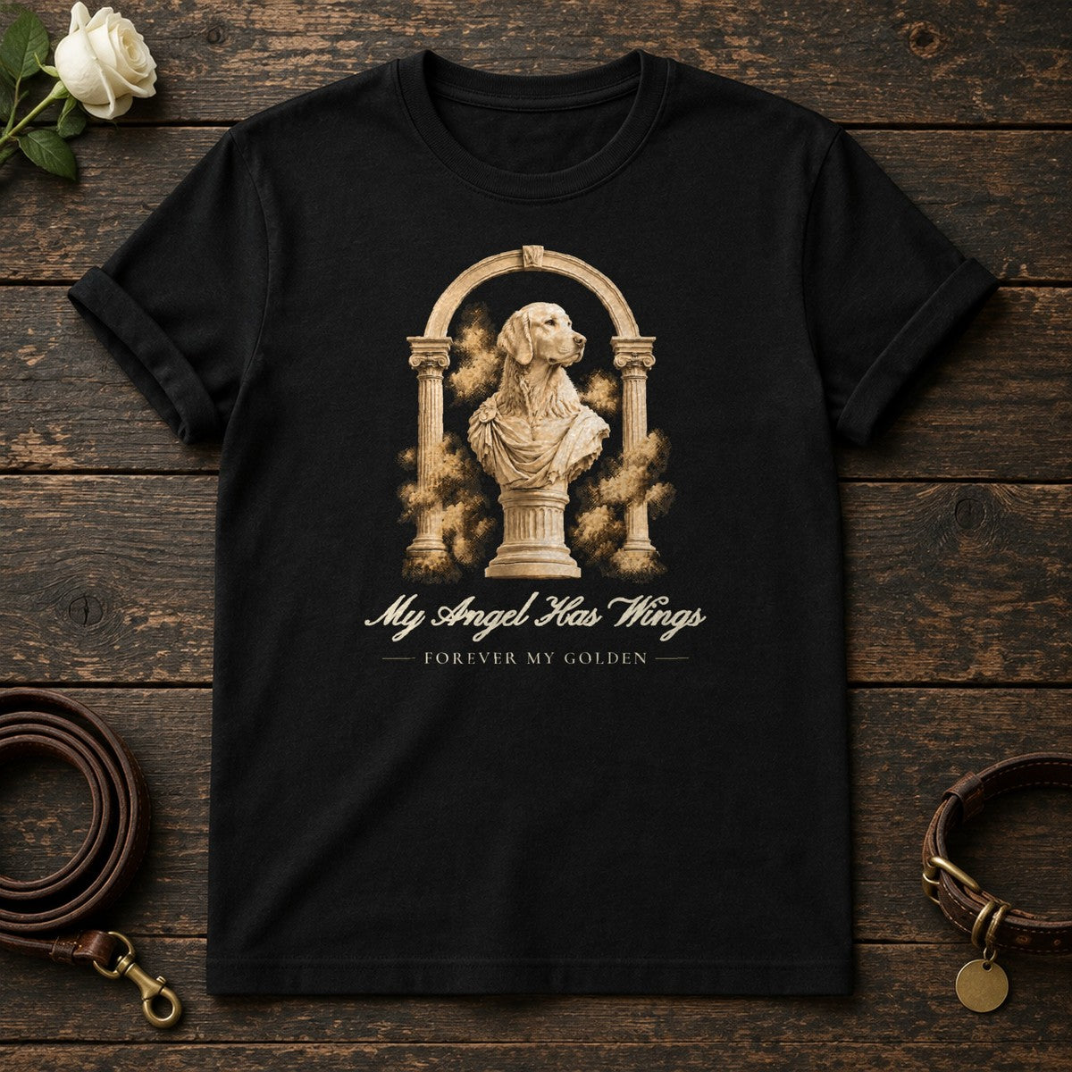 My Angel Has Wings – Roman Arch Golden Retriever Memorial Tee in Black