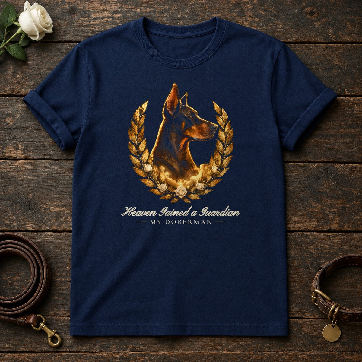 Heaven Gained a Guardian – Laurel Doberman Memorial Tee in Navy