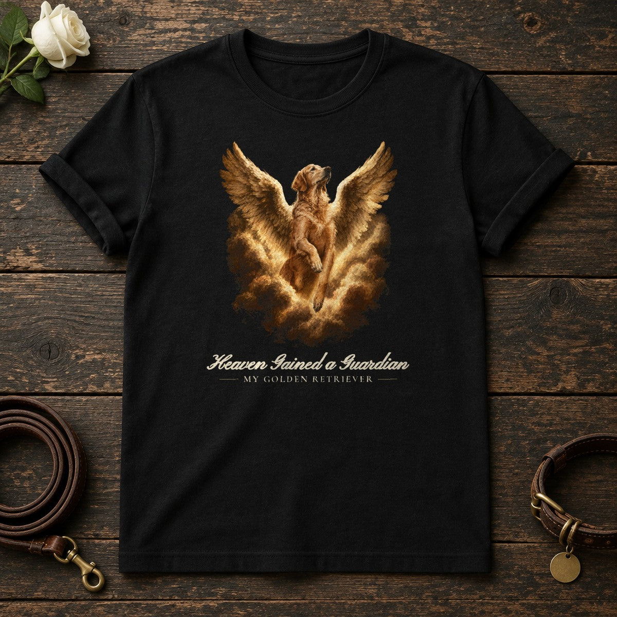 Heaven Gained a Guardian – Winged Golden Retriever Memorial Tee in Black