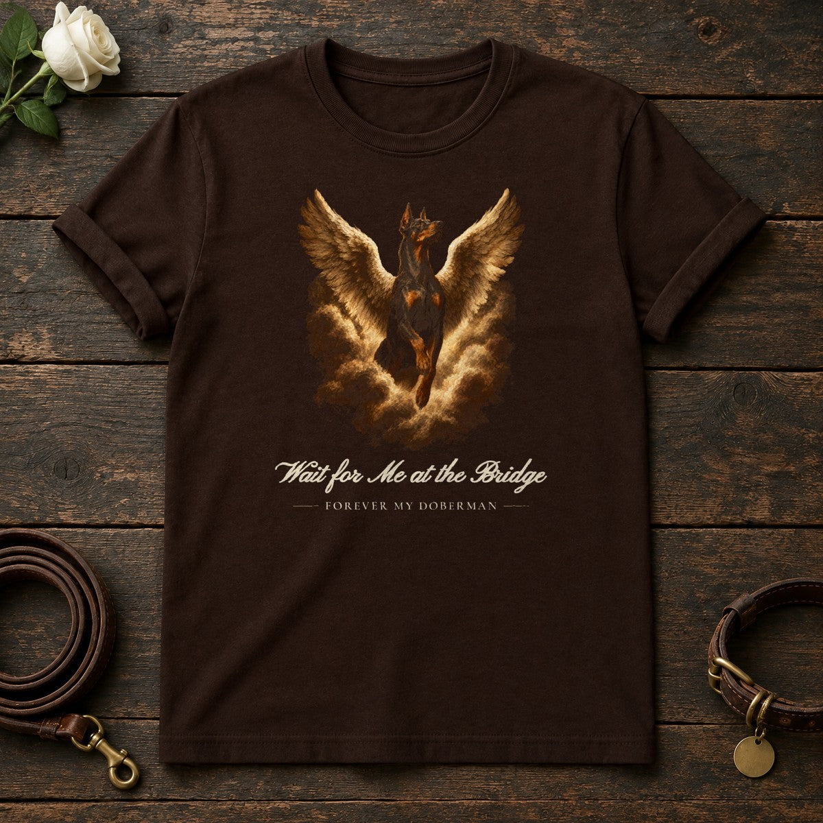 Wait for Me at the Bridge – Winged Doberman Memorial Tee in Dark Chocolate